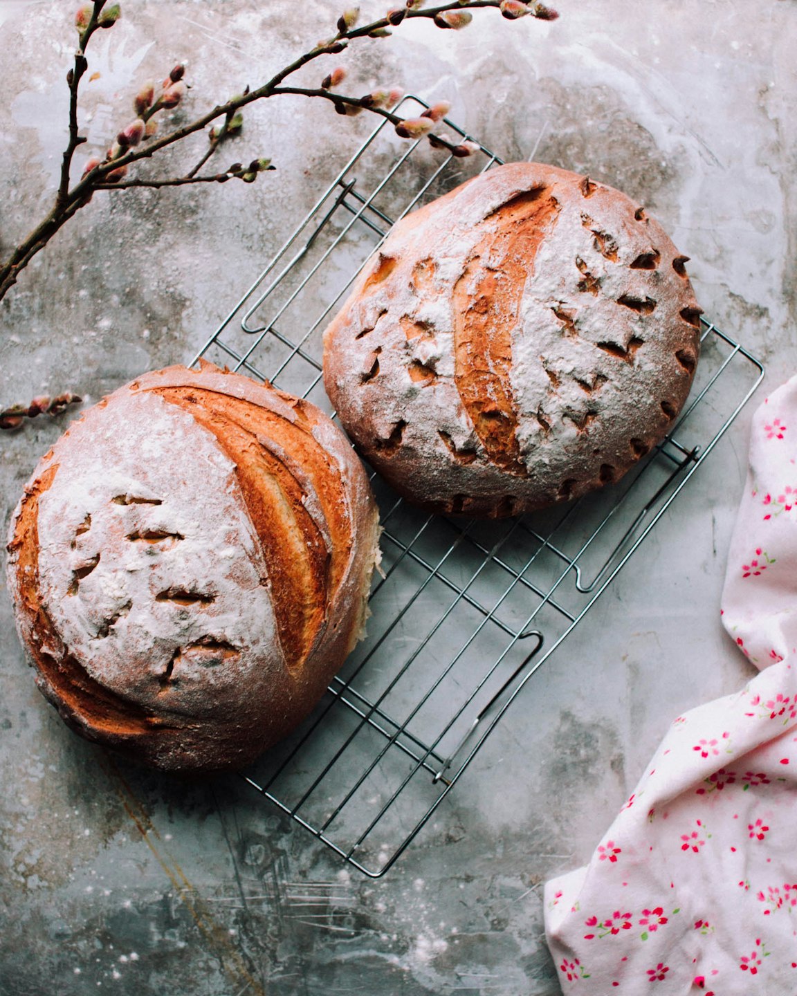 Two rustic sourdough loaves cooling on a wire rack.
